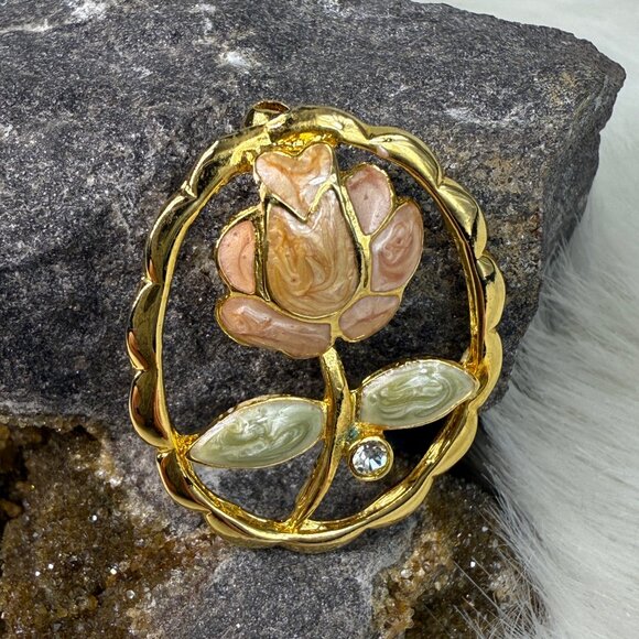 Vintage Enamel Gold Tone & Rhinestone Oval Flower Floral Brooch Pin - Picture 5 of 5